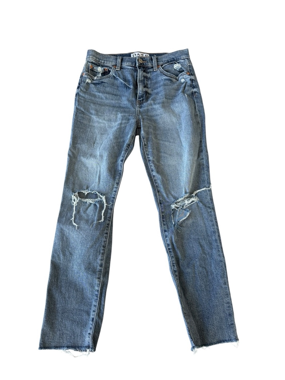 DAZE Distressed “Tough Love” Straight Leg Jeans - Medium Blue